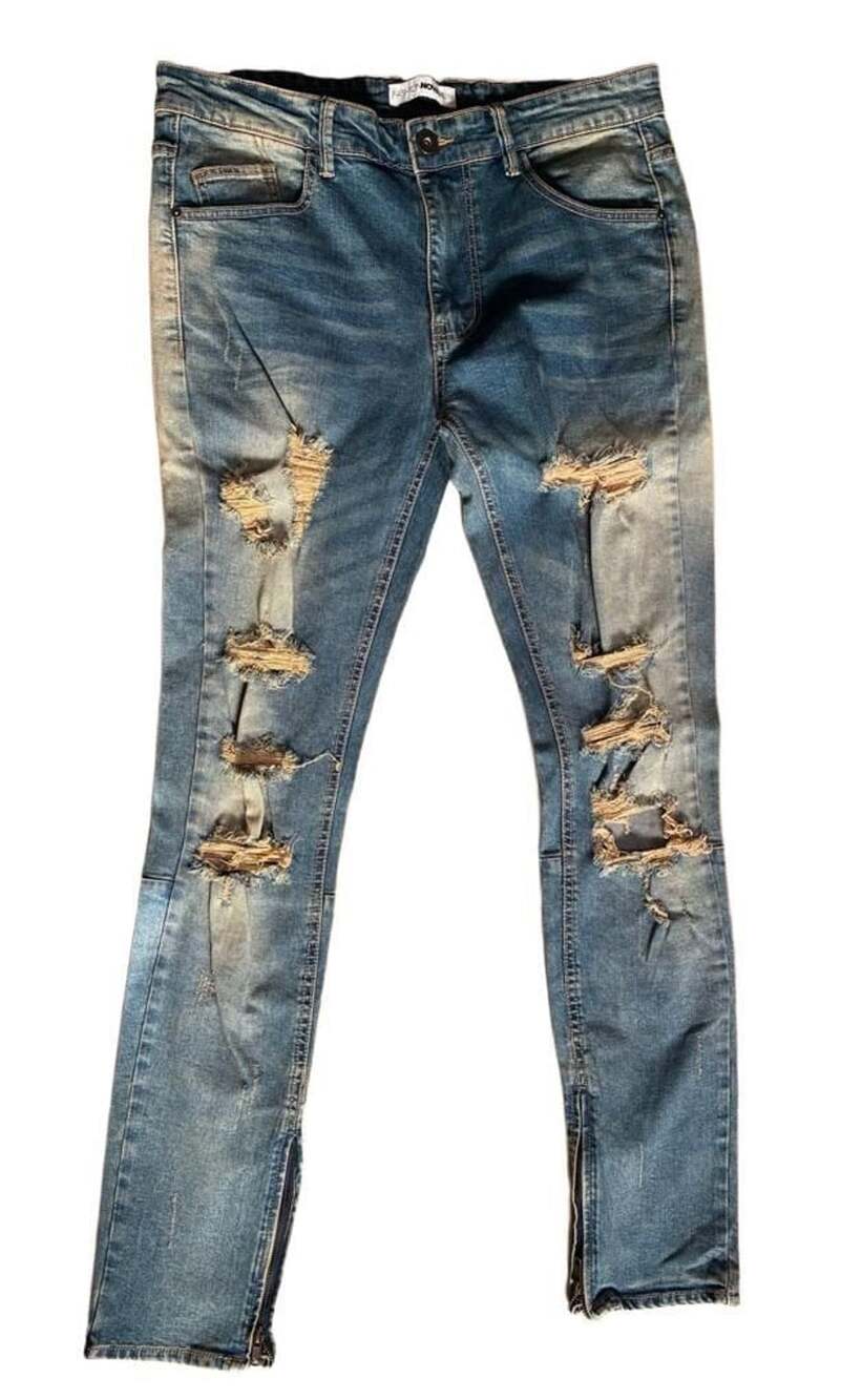 Fashion Novamen Distressed Skinny Jeans- Size 34 Blue Denim-NWOT